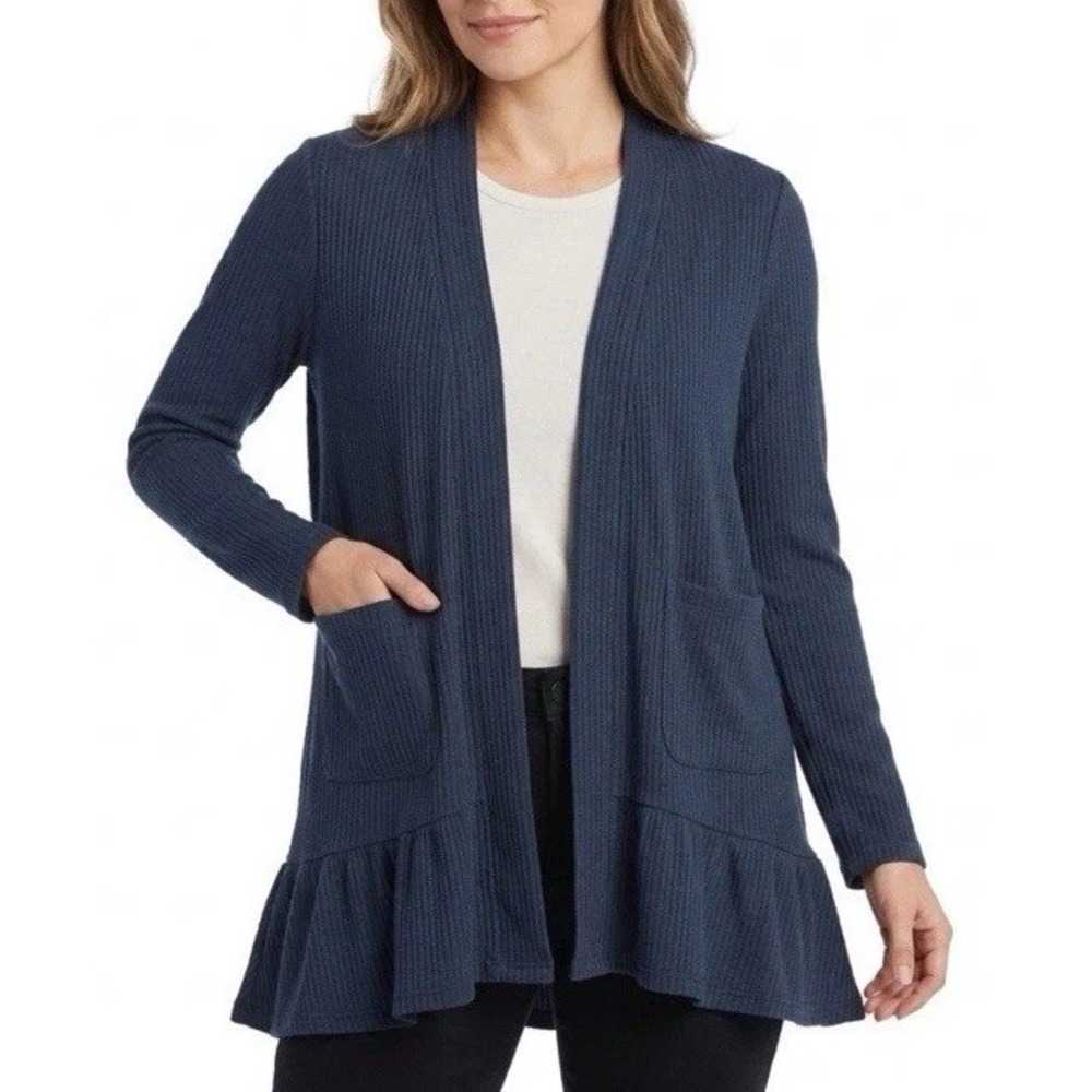 LC Lauren Conrad Womens L Blue Ribbed Open Front Cardigan Ruffle Hem Pockets